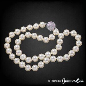 White Faux Pearl Knotted Necklace Pavé Rhinestone Ball Clasp 8.4mm